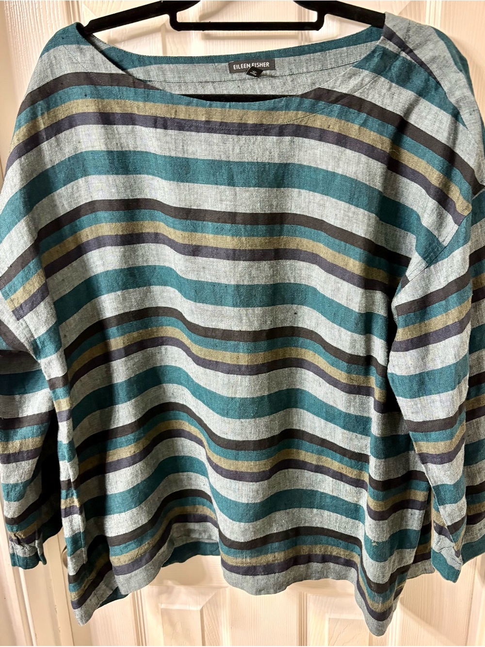 EILEEN FISHER Plus 2X Teal Organic Linen Multi Stripe Tunic Top $238